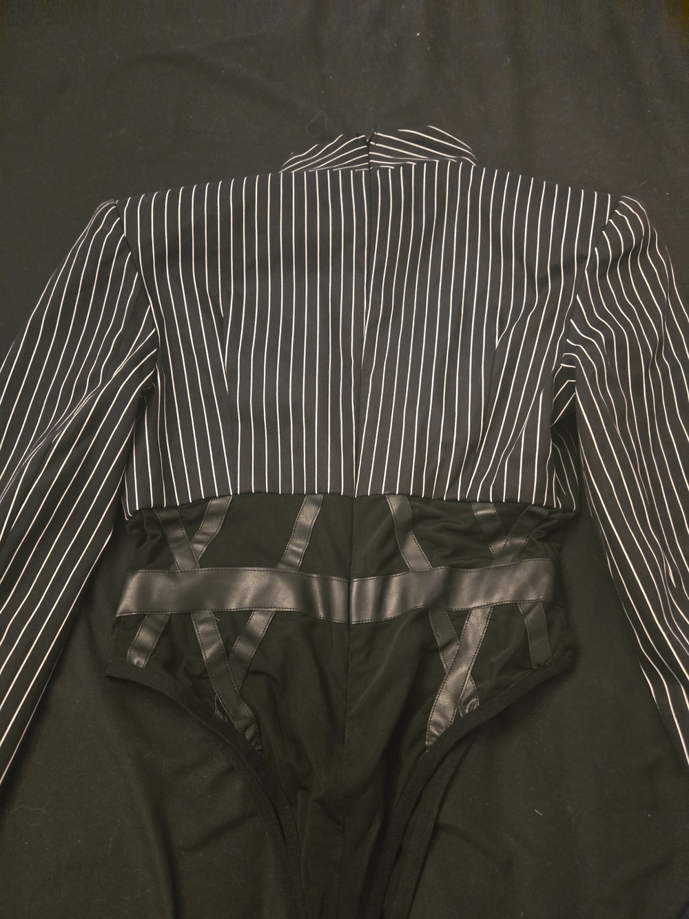 AKIRA Black Pinstripe Long Sleeve Bodysuit with White Spiral Appliqué - Picture 10 of 10